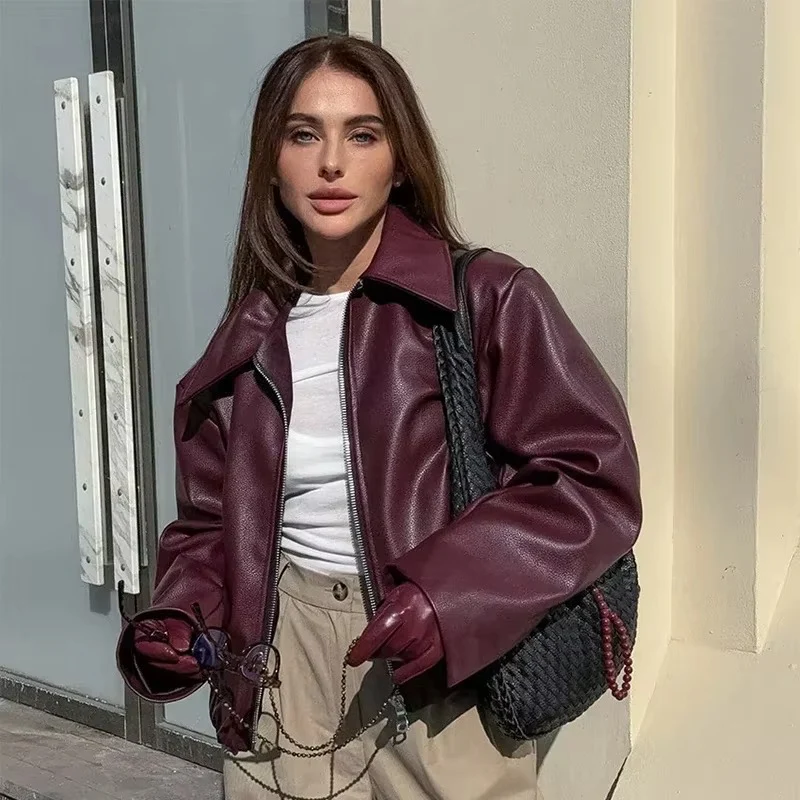 Amavira Faux Leather Zip Jacket – Oversized Bomber in Brown and Burgundy for Women - Image 6