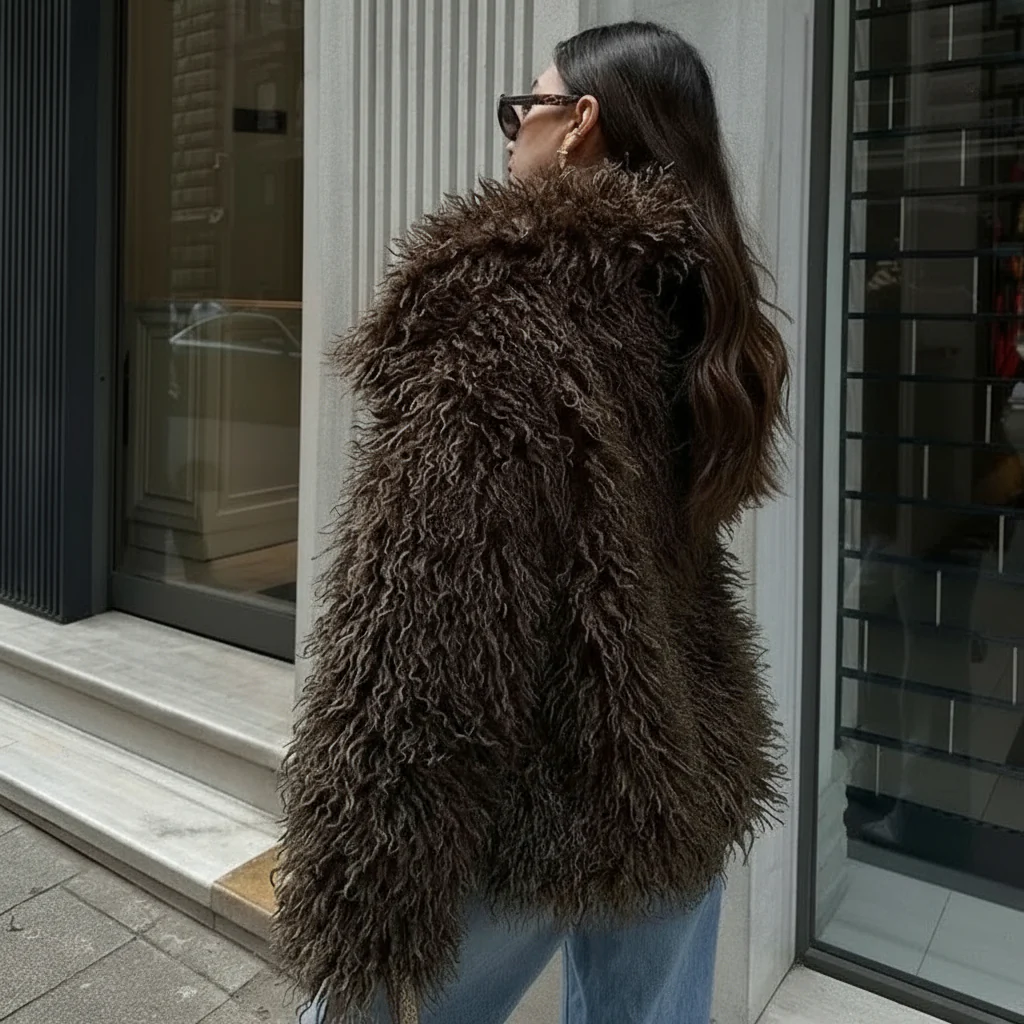 Elarra Faux Fur Shaggy Jacket – Women’s Oversized Mongolian Style Coat for Autumn Winter Outfits - Image 4