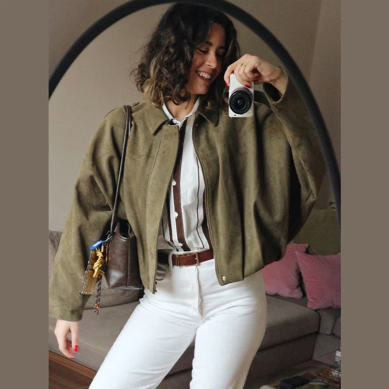 Sarvenna Faux Suede Balloon Bomber Jacket – Women’s Oversized Jacket in Black, Claret, Mocha & Khaki - Image 3